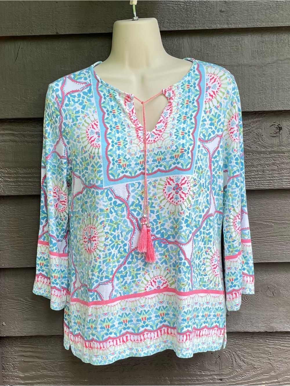 Ruby Rd Boho Medallion Tassel Top Rayon 3/4 Sleeve Pastel Tunic Women's PS - Picture 3 of 14